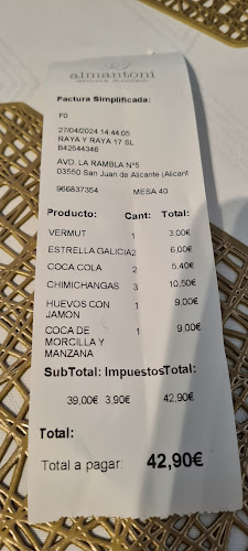 Opinii despre Restaurante ALMANTONI în Sant Joan d'Alacant - Gastronomía y hostelería