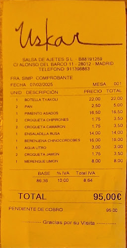 Opinii despre Restaurante Uskar în Madrid - Gastronomía y hostelería